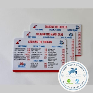 May include: Three rectangular white plastic cards with red and blue text listing dining and bar locations for Carnival cruise ships, specifically the Horizon, Mardi Gras, and Jubilee, accompanied by a circular sticker featuring a blue sea turtle.