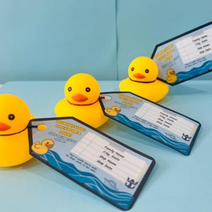 May include: Yellow rubber duck toys with orange beaks and black eyes, each attached to a tag. The tags have a blue wave design and text that reads "Oh What Luck! You Found a Duck!" and space for information.