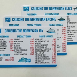 May include: Three white and blue cruise ship cards with dining and bar information. The cards display the names of the ships: Norwegian Bliss, Norwegian Encore, and Norwegian Joy. The cards list dining options and bars.