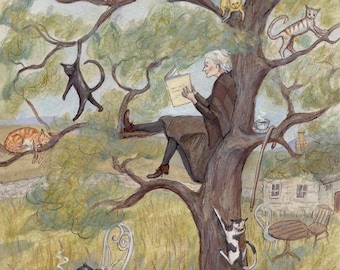 Może przedstawiać: Akwarelowa ilustracja osoby czytającej w drzewie otoczonej kotami. Drzewo stoi na trawiastym polu z domem i meblami ogrodowymi w tle. Koty w różnych kolorach siedzą na gałęziach.