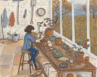Winter Gardener - Original Gouache Painting, Framed in Oak