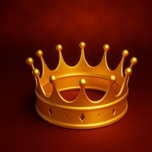 May include: A gold crown with a pointed top and a round base. The crown has a series of points around the top and a decorative design around the base.