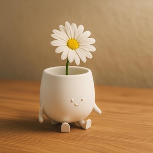 Peut inclure: Un pot de fleur en céramique blanche avec un visage souriant, des bras et des jambes, tenant une marguerite à pétales blancs et un centre jaune. Le pot est sur une surface en bois.