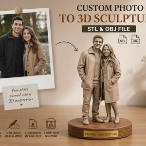 May include: A custom 3D sculpture of a couple standing on a round wooden base with a gold plaque reading CUSTOM 3D SCULPTURE. The image includes a photo of the couple, the text CUSTOM PHOTO TO 3D SCULPTURE, STL & OBJ FILE, and four process icons.