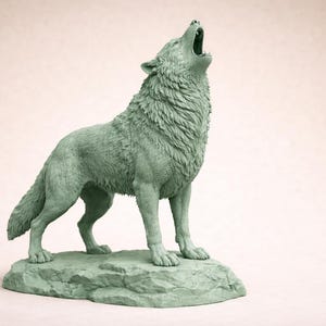 Könnte beinhalten: Detaillierte Skulptur eines heulenden Wolfes in stehender Position. Der Wolf hat eine gedämpfte grüne Farbe und steht auf einem felsartigen Sockel. Das Maul des Wolfes ist geöffnet und sein Kopf ist nach oben geneigt. Die Skulptur hat ein strukturiertes Aussehen.