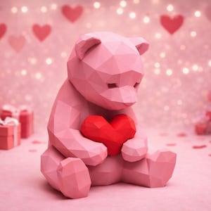 May include: A pink geometric teddy bear holding a red heart, set against a pink background with hearts, lights, and roses. Gift boxes and candles are also visible, creating a romantic theme.