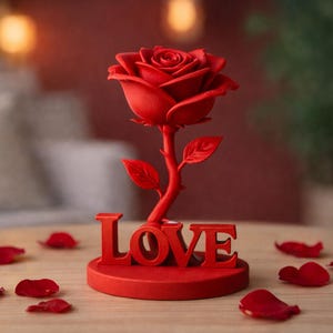 Puede incluir: Una escultura de rosa roja con la palabra "LOVE" en la base. La rosa tiene pétalos y hojas detallados, y está rodeada de pétalos de rosa rojos dispersos. La escultura está sobre una superficie de madera.