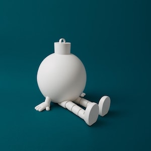 May include: A white ceramic ornament with legs and feet, set against a teal backdrop. The ornament features a spherical body, a cylindrical top with a loop, and cartoon-style legs and feet. The design is playful and minimalist, with a clean aesthetic.