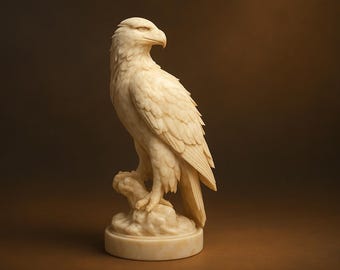 May include: A white carved eagle sculpture with detailed feathers, perched on a branch, standing on a round base.
