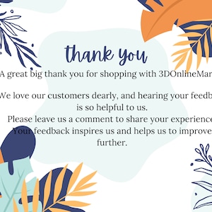 Peut inclure: Un message de remerciement avec des illustrations de feuilles tropicales. Le texte dit "merci" et "Un grand merci pour vos achats chez 3DOnlineMarkt ! Nous aimons beaucoup nos clients, et vos commentaires nous sont tr&egrave;s pr&eacute;cieux. N'h&eacute;sitez pas &agrave; laisser un commentaire pour partager votre exp&eacute;rience. Vos commentaires nous inspirent et nous aident &agrave; nous am&eacute;liorer."