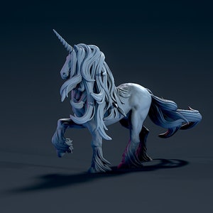 May include: A white unicorn figurine with a long, flowing mane and tail. The unicorn is standing on all four legs with its head held high. The figurine is made of a smooth, white material and has a detailed design.