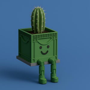 Puede incluir: Un cactus verde caprichoso en una maceta en forma de caja con una cara sonriente y piernas, sobre un fondo azul. El cactus es de un verde vibrante con espinas visibles. La maceta es de un verde más oscuro, creando una estética lúdica.