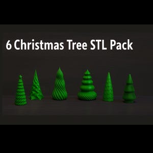 Könnte beinhalten: Auf dunklem Hintergrund sind sechs grüne Weihnachtsbaummodelle zu sehen. Die Bäume weisen unterschiedliche Designs auf, darunter Spiral- und Schichtformen. Der Text oben lautet "6 Christmas Tree STL Pack."