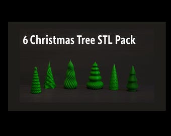 Puede incluir: Sobre un fondo oscuro, se muestran seis modelos de árboles de Navidad verdes. Los árboles presentan diseños variados, incluyendo formas en espiral y en capas. El texto en la parte superior dice "6 Christmas Tree STL Pack."