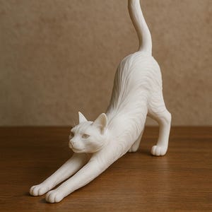 May include: White ceramic cat figurine stretching with its tail raised in the air. The cat is on a wooden surface.