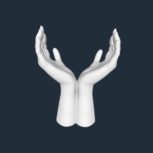Könnte beinhalten: Ein 3D-Rendering von zwei weißen Händen, Handflächen nach oben, vor einem dunkelblauen Hintergrund. Die Hände sind symmetrisch positioniert, was auf ein Angebot oder eine Geste der Unterstützung hindeutet. Das Bild ist sauber und minimalistisch.