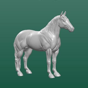 Può includere: Un modello 3D bianco di un cavallo in piedi su tutte e quattro le zampe. Il cavallo è rivolto a destra e ha una lunga criniera e una lunga coda.
