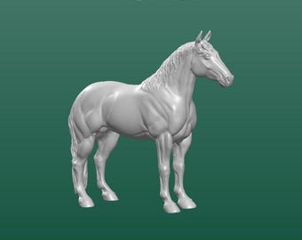 May include: A white 3D model of a horse standing on all four legs. The horse is facing to the right and has a long mane and tail.