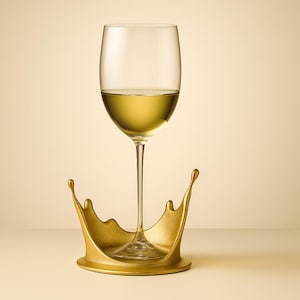 May include: A wine glass filled with golden liquid, resting in a gold-colored crown-shaped holder. The glass is clear, and the holder has a detailed, elegant design. The background is a soft, neutral tone.