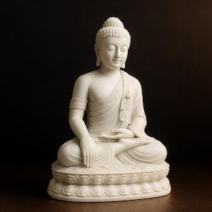 Puede incluir: Estatua blanca de Buda en posición de meditación sentado. La figura está cubierta con túnicas y descansa sobre una base de flor de loto. La estatua tiene una expresión pacífica sobre un fondo oscuro. Decoración espiritual.