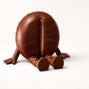 May include: A whimsical sculpture of a large, brown coffee bean with small arms and legs. The bean is positioned as if it is sitting down, with its arms and legs extended. The sculpture is on a white background.