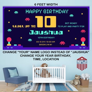 Customizable Retro Game-Inspired Happy Birthday Banner for Boys of All Ages | Personalized Game Theme Level Up, Blue, Vibrant Color Scheme!