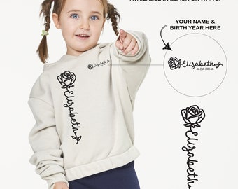 Custom Flower Name Logo Toddler Pullover Fleece Hoodie - Perfect Birthday Gift for Baby Girls - Personalized Baby Name Hoodie Gift.