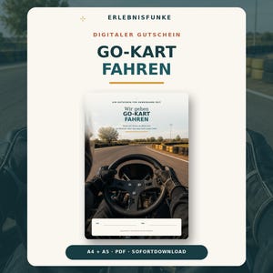 Può includere: Un buono regalo digitale per go-kart con il testo ERLEBNISFUNKE, DIGITALER GUTSCHEIN, GO-KART FAHREN e A4 + A5 + PDF + SOFORTDOWNLOAD. Il design include un'immagine centrale di una persona che guida un go-kart su una pista.