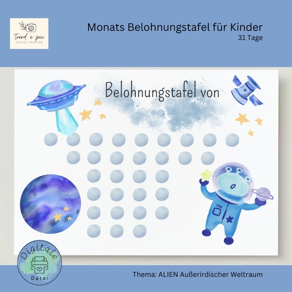 Belohnungsplan Alien Außerirdischer Weltraum Belohnungstafel Jungen Kleinkinder Belohnungssystem Montessori Kinder PDF Download ausdrucken