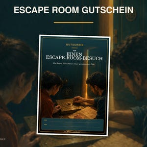 Può includere: Un buono regalo rettangolare intitolato ESCAPE ROOM GUTSCHEIN con il testo EINEN ESCAPE-ROOM-BESUCH. Il design presenta uno sfondo blu scuro con bordi dorati e un'illustrazione centrale di due persone che interagiscono con una scatola enigmistica.