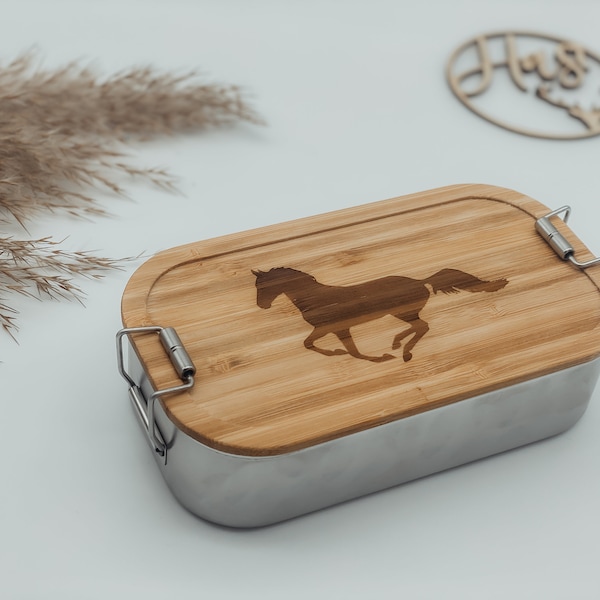 Lunchbox Pferd personalisiert mit Namen aus Metall, Vesperdose, Brotdose, Edelstahl, Bambus
