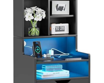 Modern LED Nightstand with 2 Drawers - High Gloss Bedside Table, Sleek End Table for Bedroom