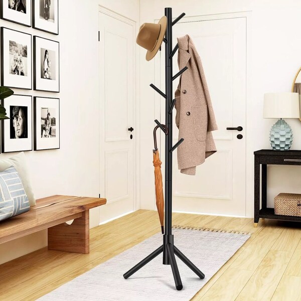 Wooden Coat Rack Stand - Free Standing Tree Design Clothes Hanger with 8 Hooks, Ideal for Hats and Coats