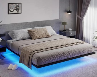 California King Size Floating Bed Frame with LED Lights - Modern Metal Platform, Minimalist Design