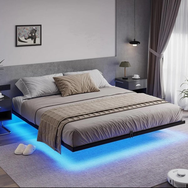 King Size Floating Bed Frame with LED Lights - Modern Metal Platform, Minimalist Design