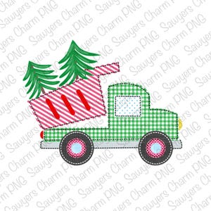 May include: A green and white gingham dump truck with a pink and red striped bed carrying two green Christmas trees.