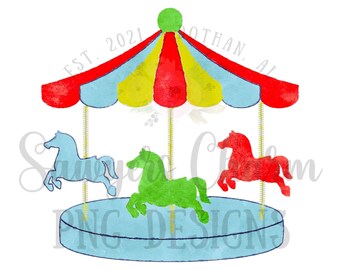May include: A watercolor illustration of a blue, red, and yellow carousel with three horses. The horses are blue, green, and red. The carousel has a white background with the text "EST. 2021 OTHAN, AL" on the top.