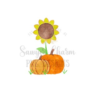 May include: A watercolour illustration of a sunflower with two pumpkins below it. The sunflower has yellow petals and a brown centre. The pumpkins are orange and have green stems. The text "Sawyer Charm PNG Designs" is written in green below the pumpkins.