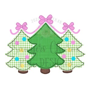 May include: Three green Christmas trees with pink bows and gingham fabric. The trees are decorated with colorful polka dots and are arranged in a row.