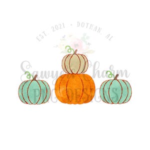 May include: Three watercolour pumpkins, one stacked on top of the other. The top pumpkin is white, the middle pumpkin is orange, and the bottom two pumpkins are teal.