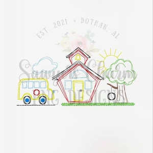 May include: A red schoolhouse with a yellow door and windows, a yellow school bus, a green tree with a tire swing, and a sun with rays. The text "EST. 2021 - DOTHAN, AL" is above the scene.