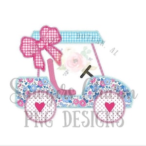 PNG faux applique Printable file - Sublimation - Heat Transfer Design - Digital Clipart - Liberty Floral golf cart with bow, gingham, zigzag