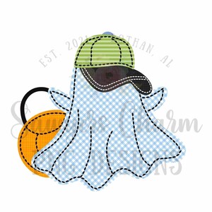 May include: A white ghost wearing a green and black striped baseball cap, holding an orange pumpkin with a black handle. The ghost is on a blue and white gingham background.