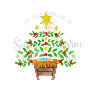 Fichier imprimable aquarelle PNG/Sublimation/Design transfert de chaleur/Clipart numérique, Nativité de sapin de Noël, Enfant Jésus, houx, crèche, étoile