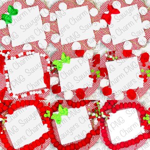 Op de afbeelding: Vier witte vierkante frames met rood-wit gestreepte achtergronden, omringd door rode en witte pompoenen. De frames zijn versierd met groene strikken en rode bessen. De tekst "Sawyer's Charm PNG" wordt herhaald in de hele afbeelding.