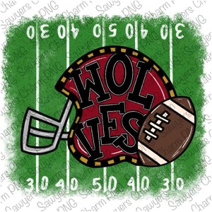May include: A digital graphic featuring a maroon football helmet with the word "WOLVES" in black, and a brown football. The background is a green football field with yard lines and numbers.