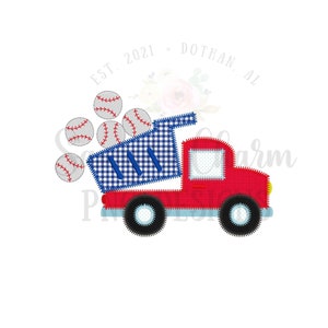 May include: A red toy dump truck with a blue and white checkered bed is filled with baseballs. The truck has black wheels and a white window. The text "EST. 2021 - DOTHAN, AL" is above the truck.