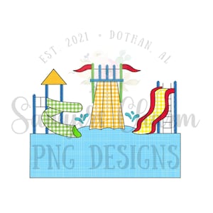May include: A blue and yellow water park with two slides, a yellow tower, and the text "EST. 2021 - DOTHAN, AL" and "PNG DESIGNS".