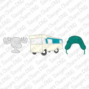 May include: A collection of three camping-themed cut-out designs. Includes a light gray moose head, a cream-colored camper with teal accents, and a teal winter hat with ear flaps. All designs have a stitched outline.