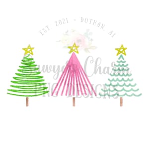 PNG aquarela Arquivo para impressão/Sublimação/Design de transferência de calor/Clipart digital, Árvores de Natal rabiscadas com trio de estrelas, pastéis, vieira